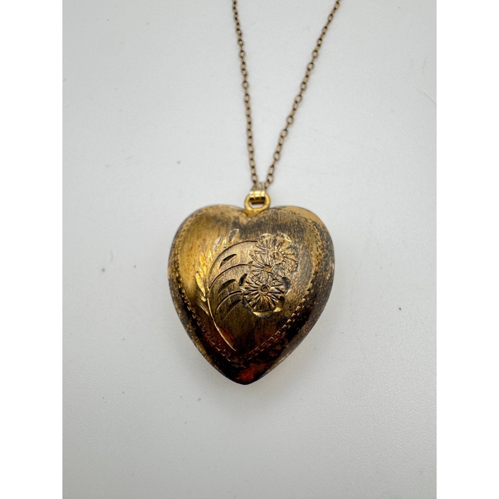 Vintage Heart Necklace Gold Filled Puffy Hand Engraved Floral Charm 1940s 22 in